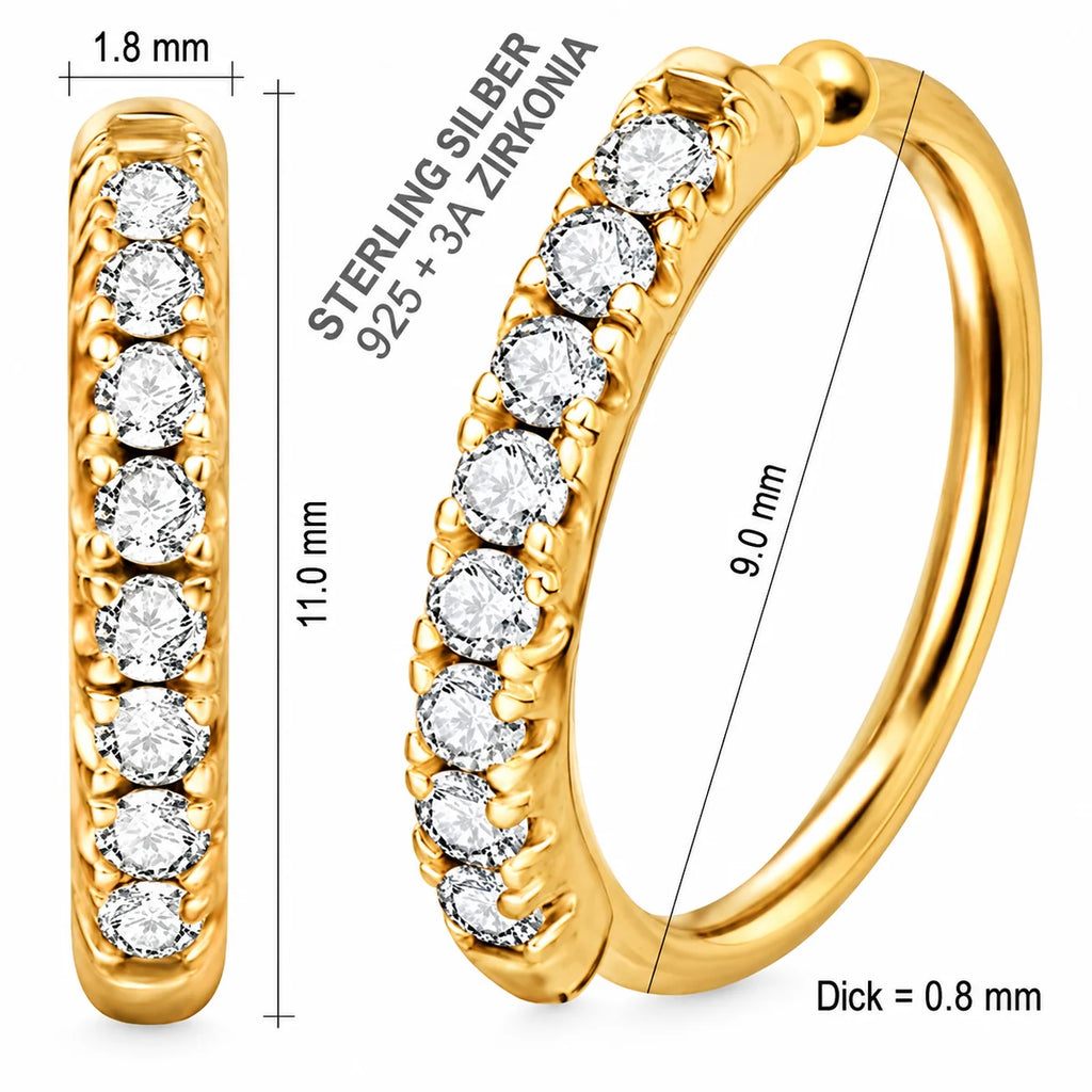 Piercing Ring aus 925 Sterling Silber 18K vergoldet mit Zirkonia für Nase und Ohr