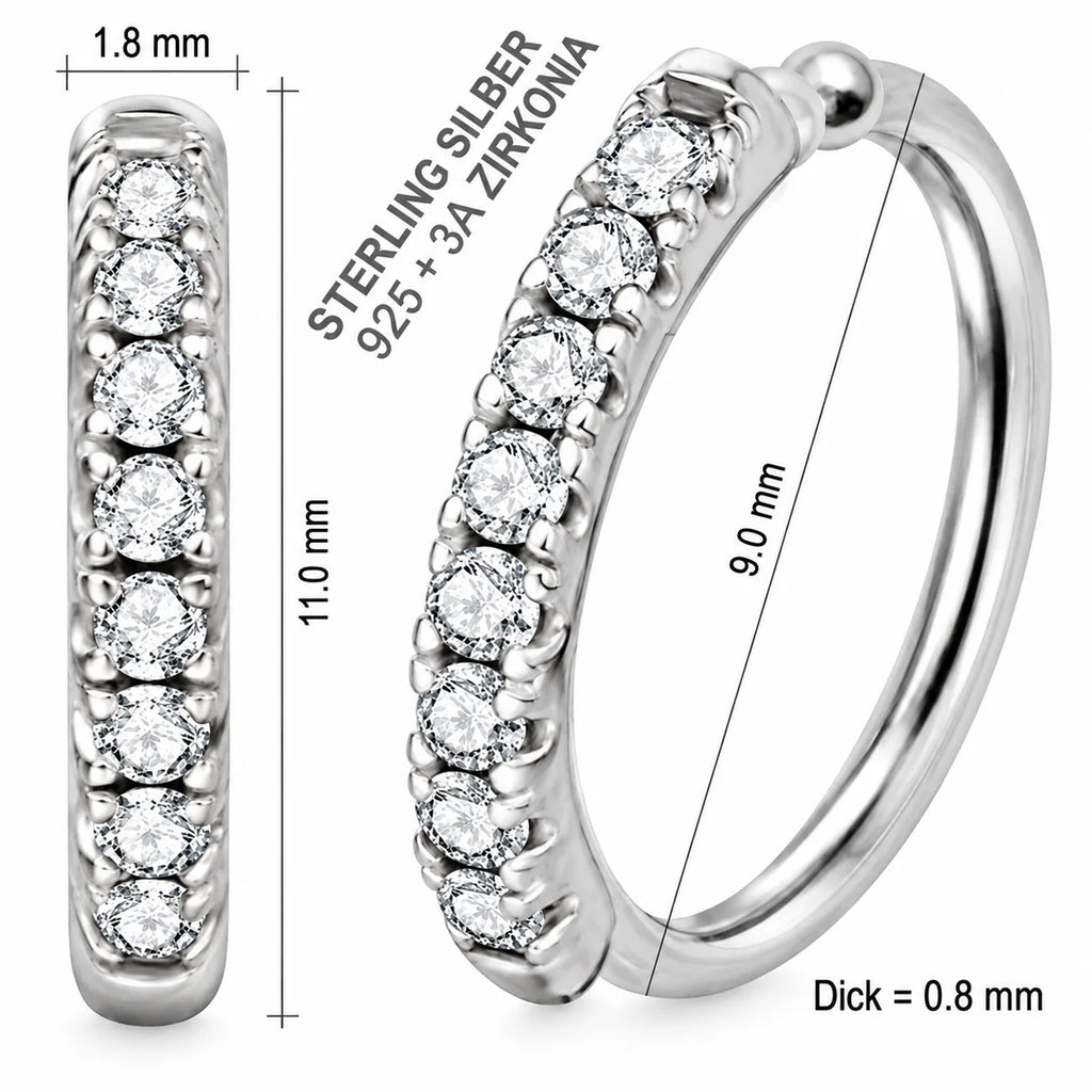 Piercing Ring aus 925 Sterling Silber mit Zirkonia für Nase und Ohr 9 mm
