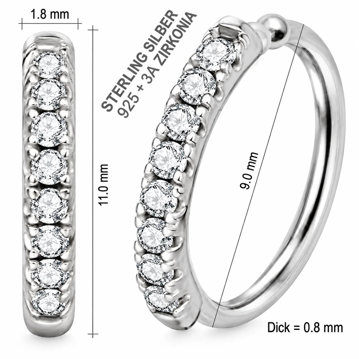 Piercing Ring aus 925 Sterling Silber mit Zirkonia für Nase und Ohr 9 mm