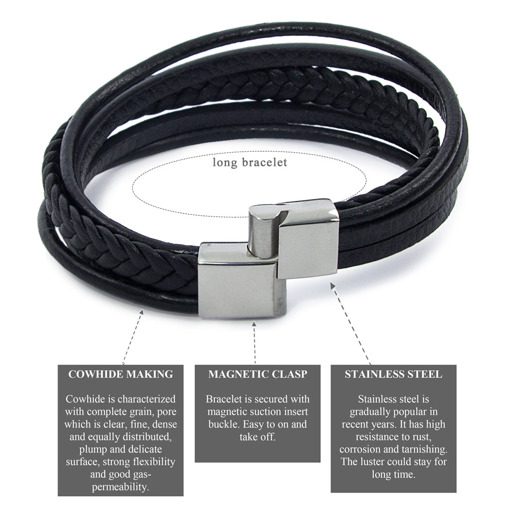 Mehrreihiges Armband aus echtem Leder in Schwarz | WILLYS JEWELLERY