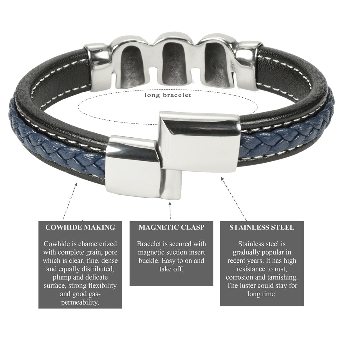 Elegantes schwarzes und blaues Lederarmband: Hochwertiges, benutzerfreundliches Design | WILLYS JEWELLERY