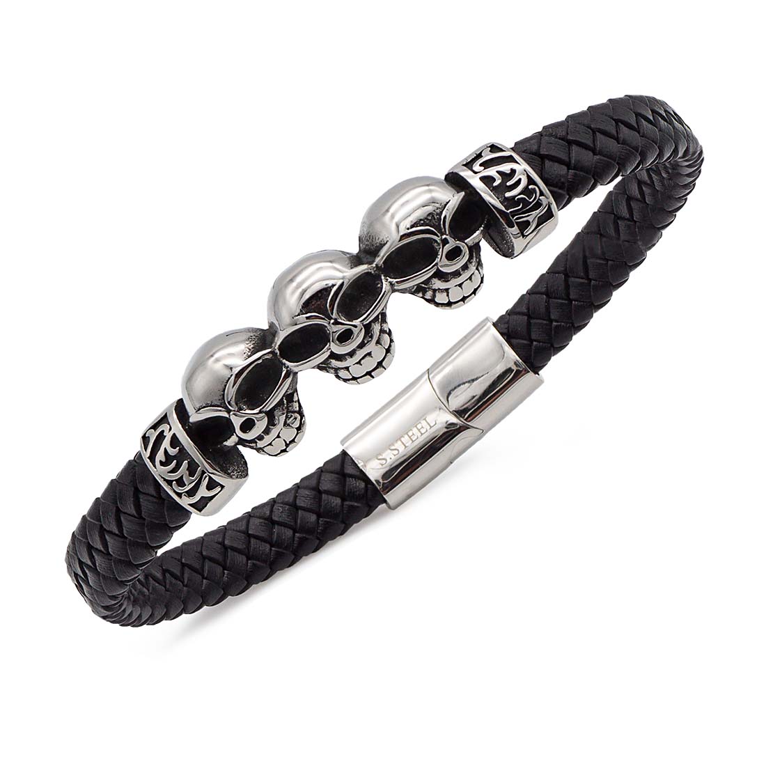 Armband aus echtem Leder mit Totenkopf-Design in Schwarz | WILLYS JEWELLERY