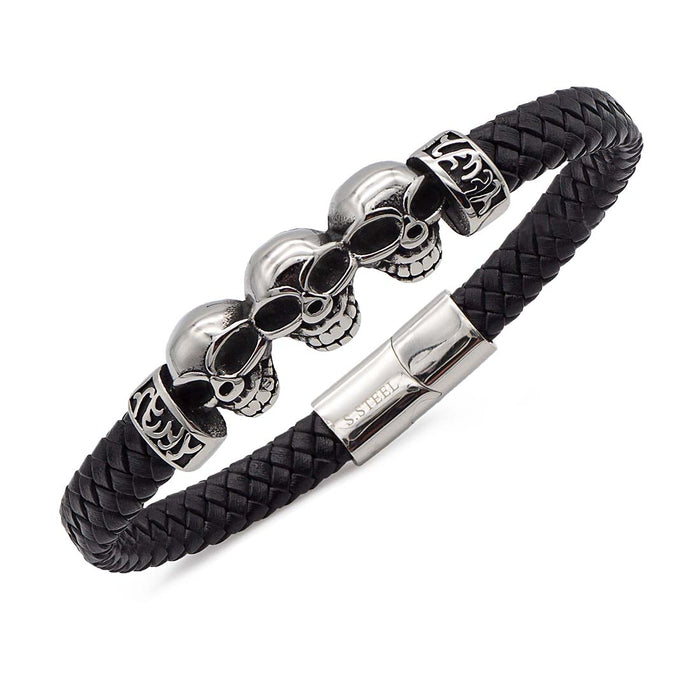 Armband aus echtem Leder mit Totenkopf-Design in Schwarz | WILLYS JEWELLERY