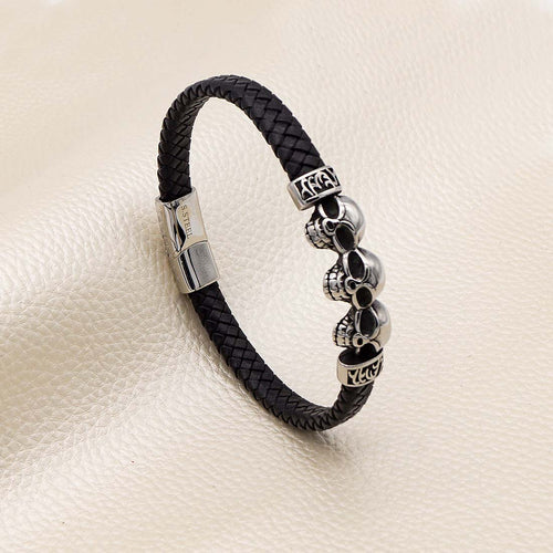 Armband aus echtem Leder mit Totenkopf-Design in Schwarz | WILLYS JEWELLERY