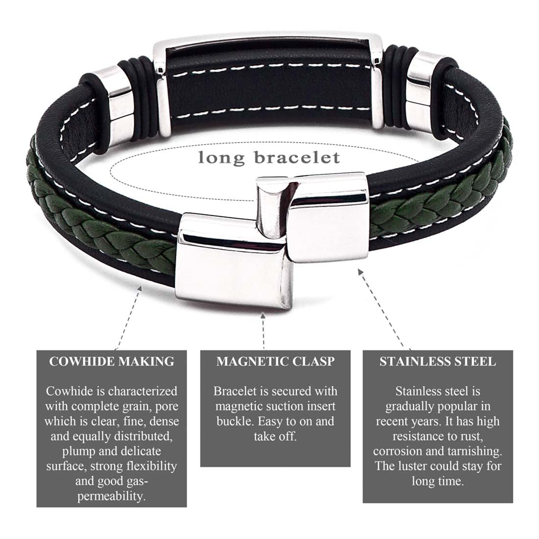 Olivgrünes Herrenarmband aus Leder und Edelstahl – ein stilvolles Statement-Stück | WILLYS JEWELLERY
