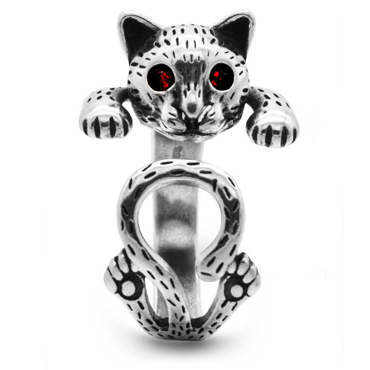 Katzenring aus 925 Sterling Silber – verspielter Tier-Ring mit roten Augen für Katzenfreunde | WILLYS JEWELLERY