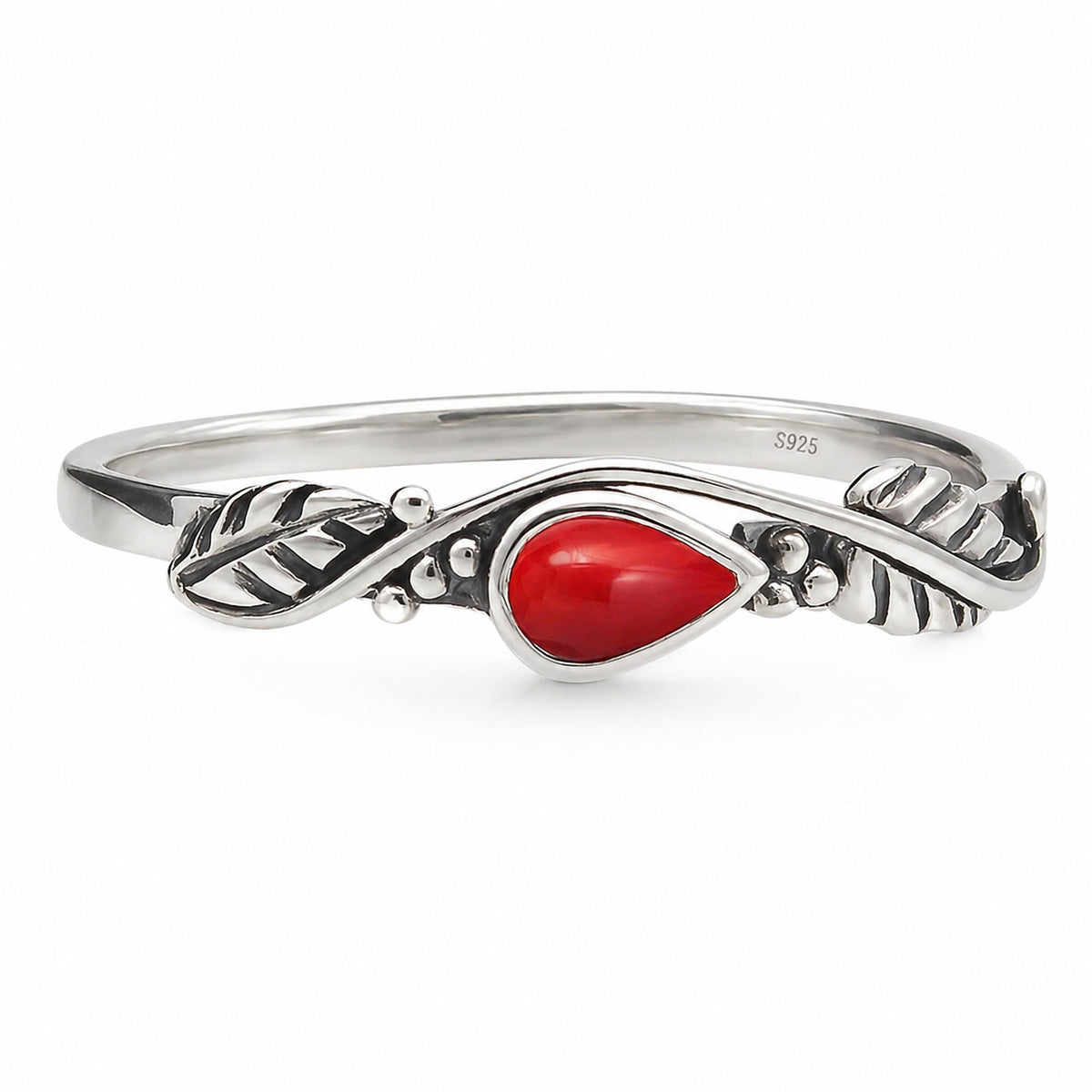 Damenring 925 Silber mit roter Koralle & Blätterdesign | WILLYS JEWELLERY