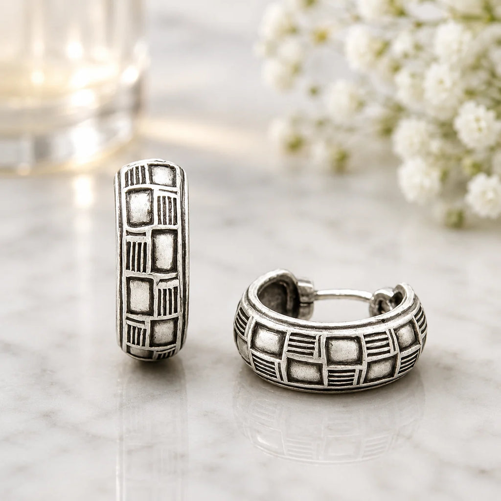 Creolen aus 925 Sterling Silber, 16 mm, geometrisches Reliefmuster, 6 mm breit, für Damen