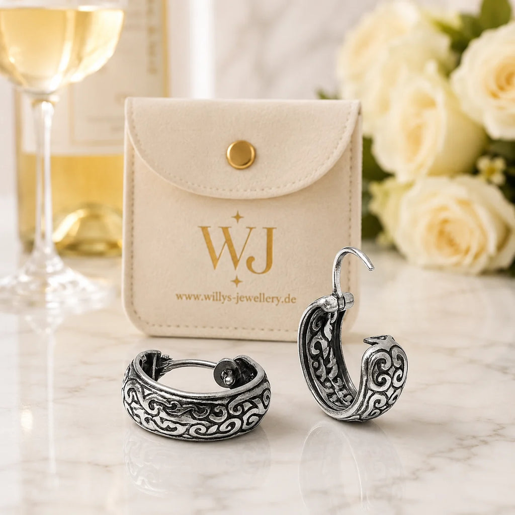 Creolen aus 925 Sterling Silber, 16 mm, florales Ornament, 6 mm breit, Ohrringe für Damen