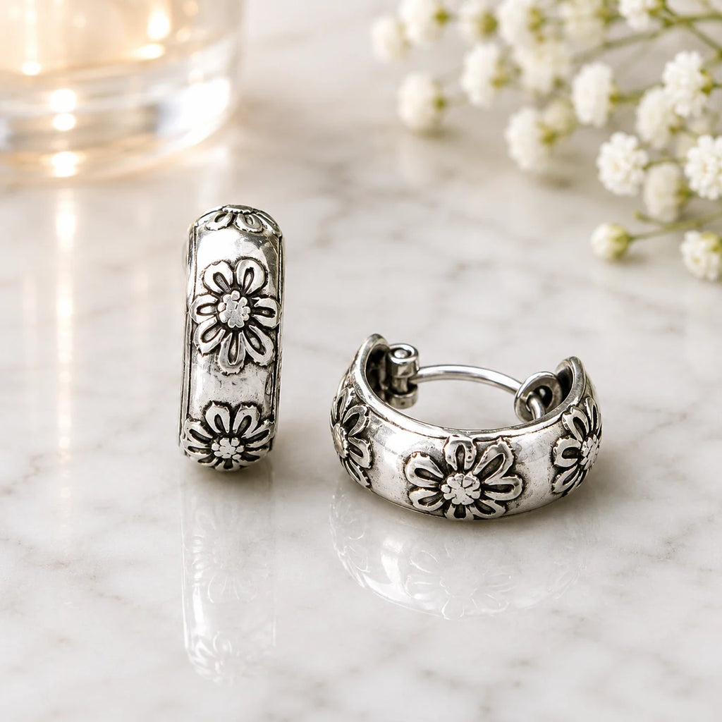 Creolen aus 925 Sterling Silber, 16 mm, 6 mm breit, florales Vintage-Design für Damen und Alltag
