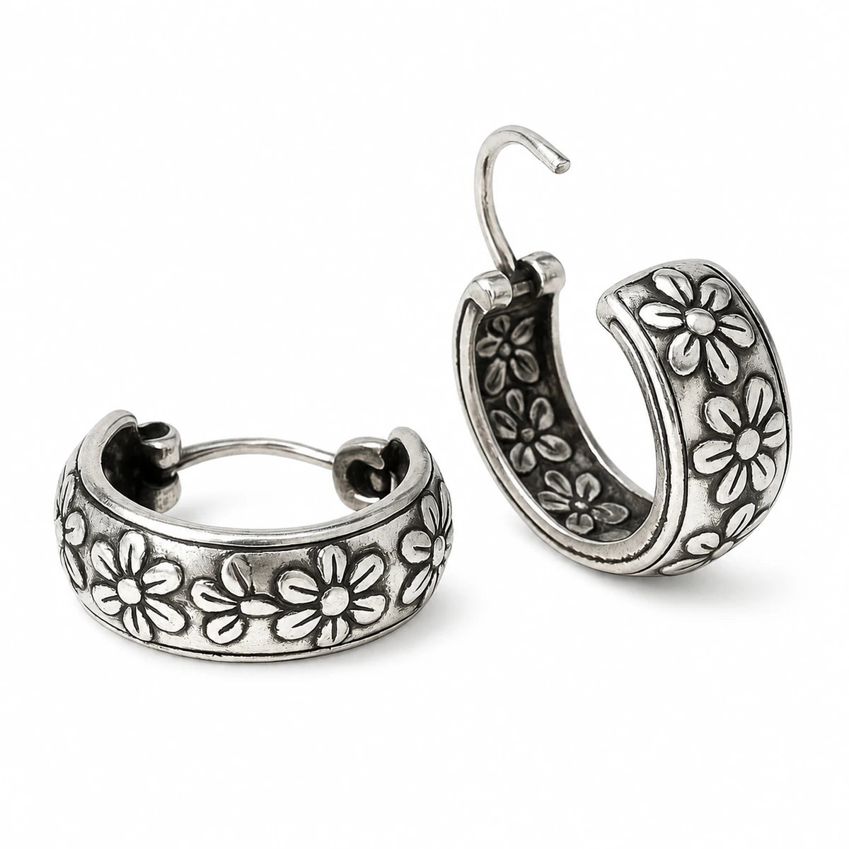 Creolen aus 925 Sterling Silber, 16 mm, 6 mm breit, florales Reliefdesign für Damen und Alltag