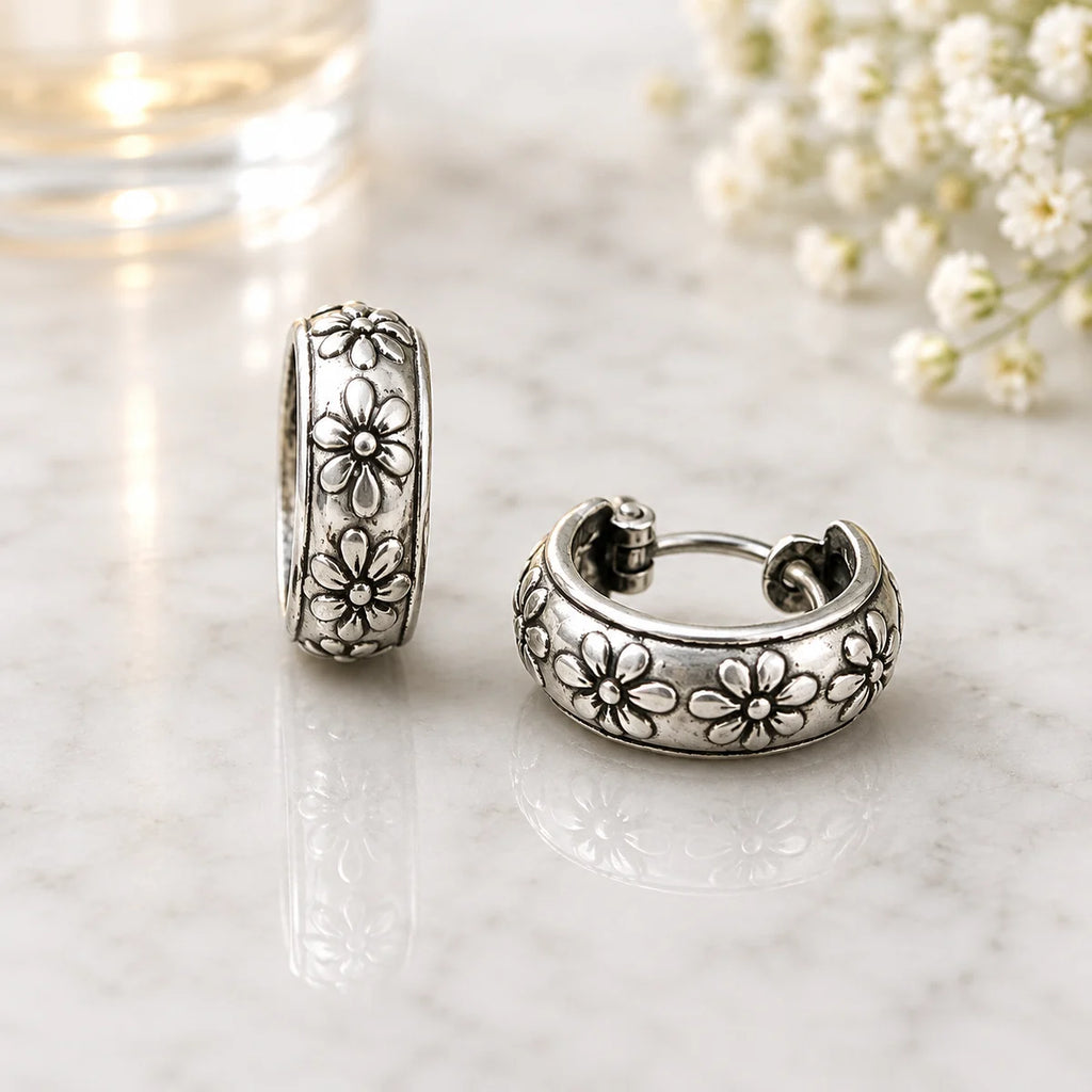 Creolen aus 925 Sterling Silber, 16 mm, 6 mm breit, florales Reliefdesign für Damen und Alltag