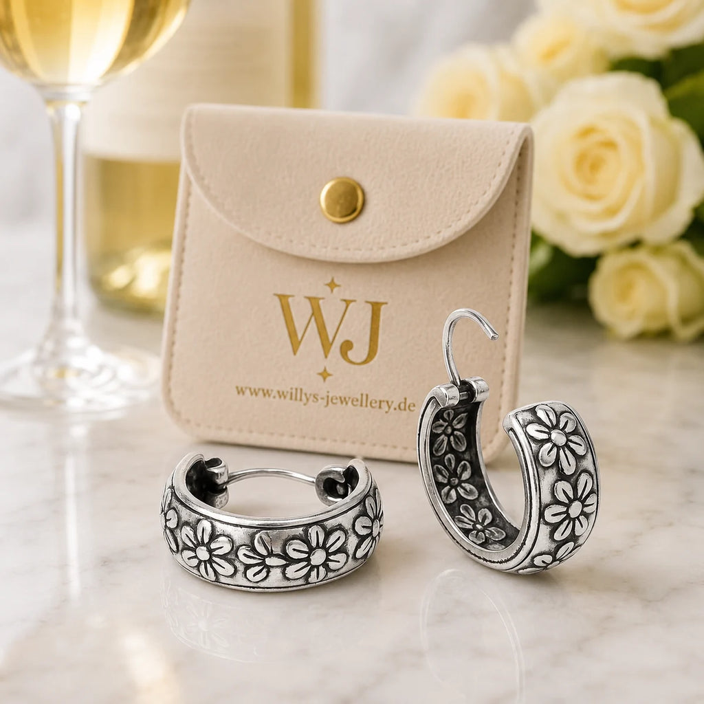Creolen aus 925 Sterling Silber, 16 mm, 6 mm breit, florales Reliefdesign für Damen und Alltag