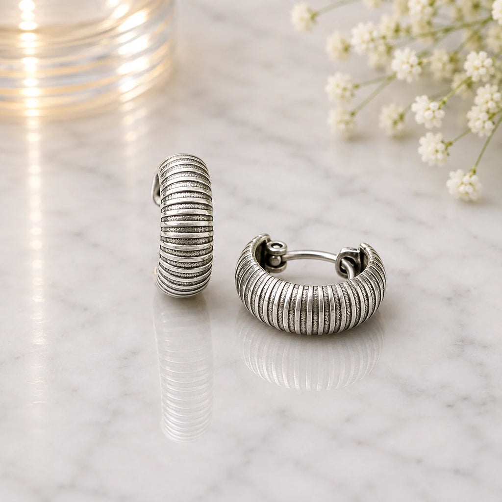 Breite Creolen aus 925 Sterling Silber, 16 mm, geripptes Antik-Design, 6 mm breit, für Damen