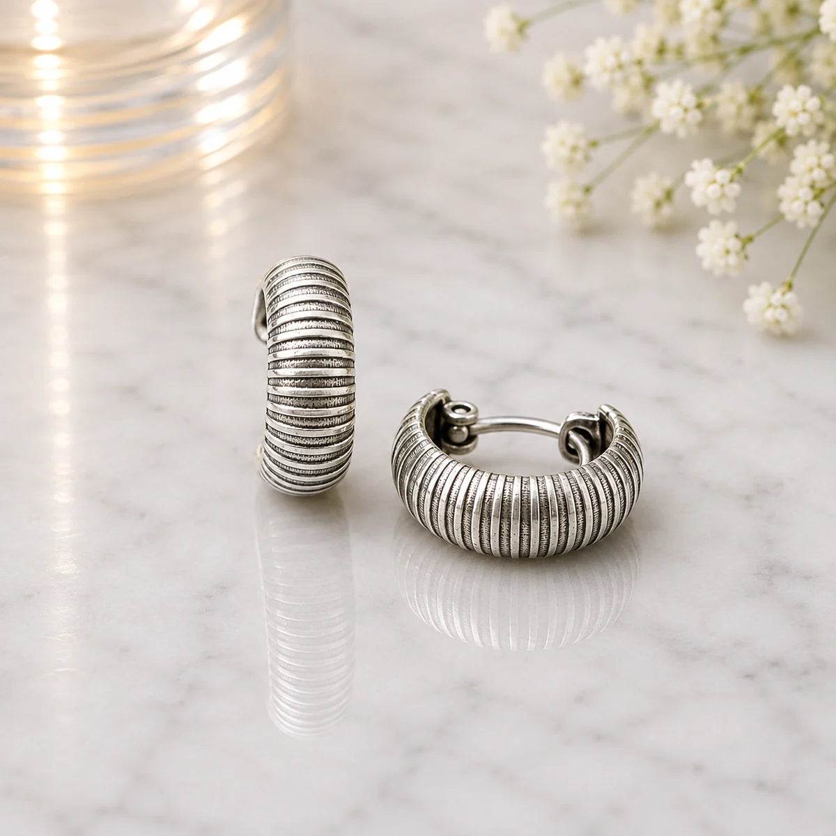 Breite Creolen aus 925 Sterling Silber, 16 mm, geripptes Antik-Design, 6 mm breit, für Damen