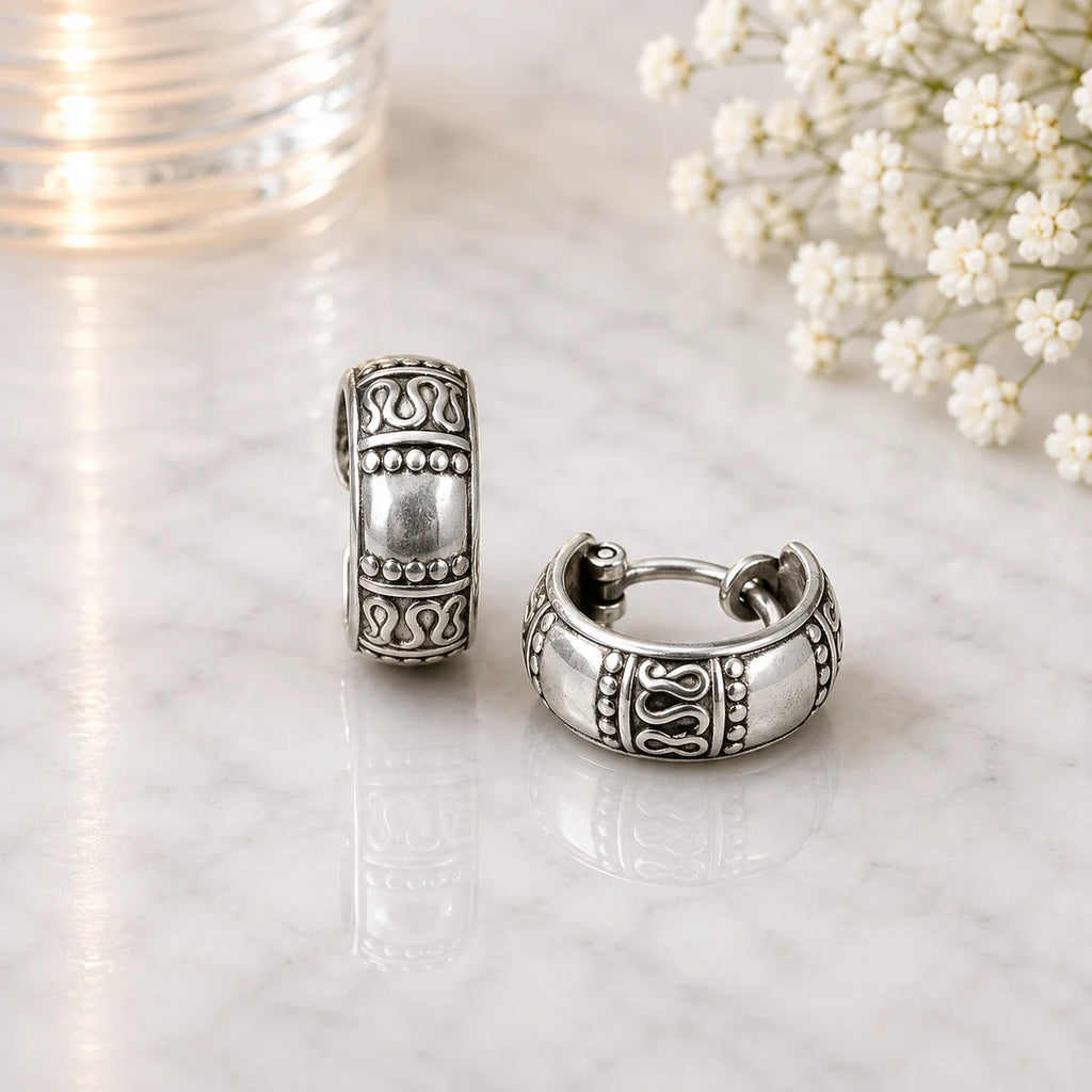 Creolen aus 925 Sterling Silber, 16 mm, Ethno-Ornament, 6 mm breit, Ohrringe für Damen