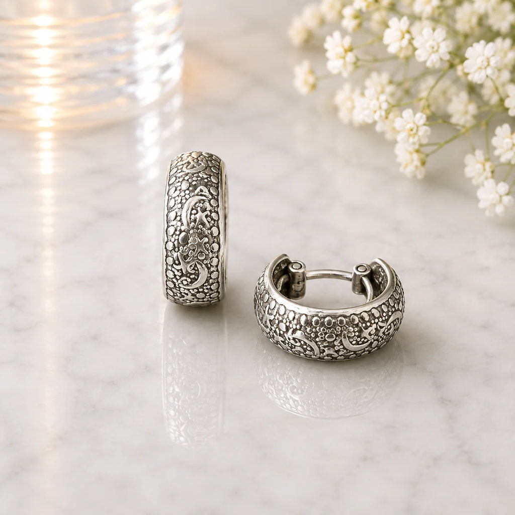 Creolen aus 925 Sterling Silber, 16 mm, Mond-Sterne-Design, 6 mm breit, Ohrringe für Damen