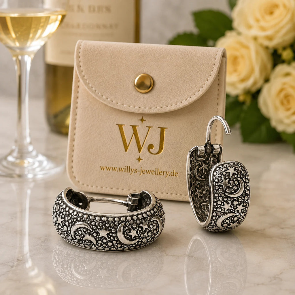 Creolen aus 925 Sterling Silber, 16 mm, Mond-Sterne-Design, 6 mm breit, Ohrringe für Damen