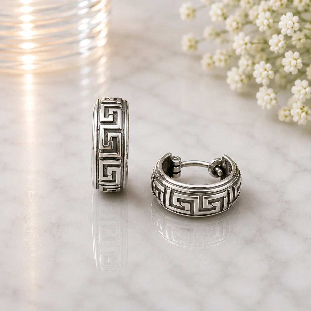 Creolen aus 925 Sterling Silber, 16 mm, Mäander-Design, 6 mm breit, Ohrringe für Damen