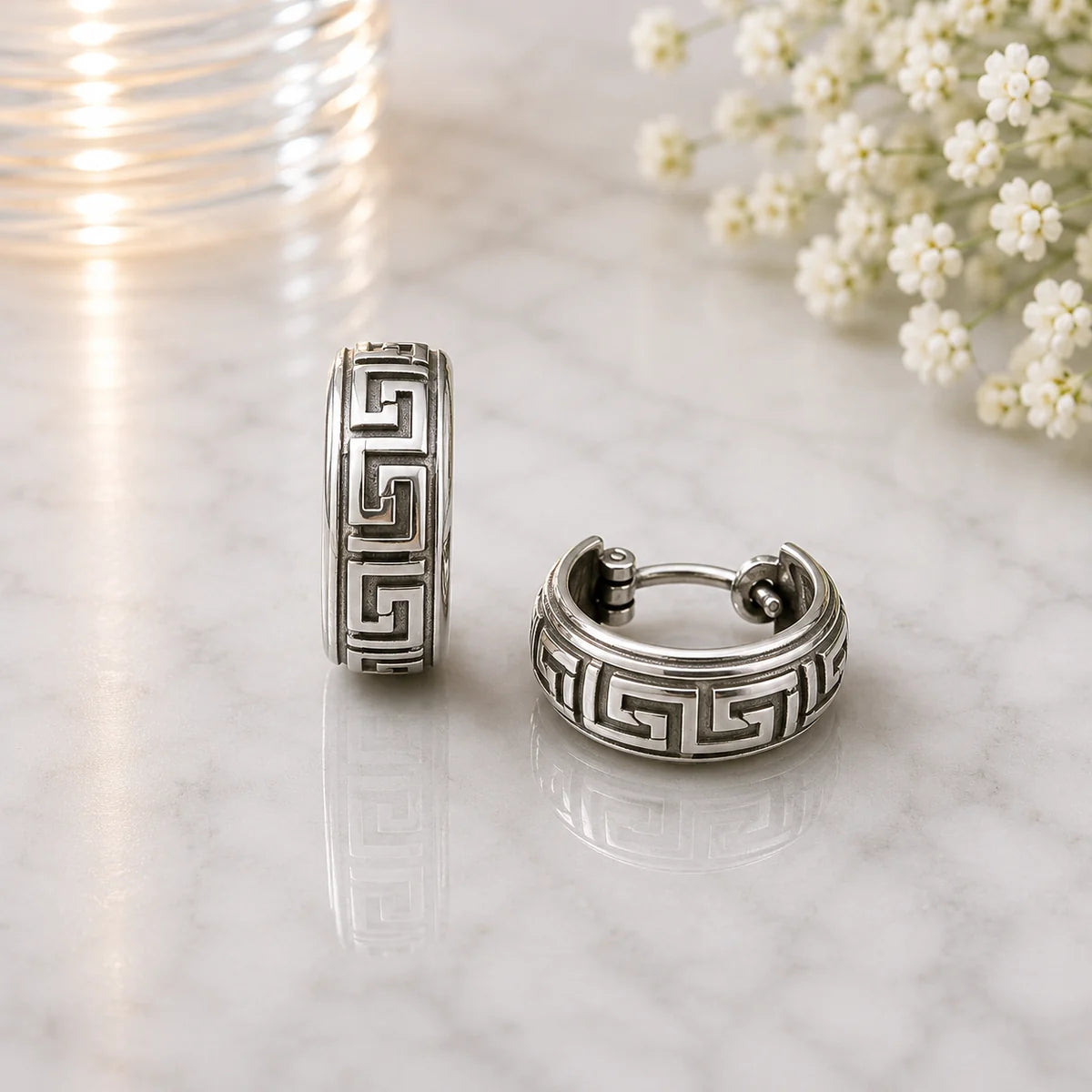 Creolen aus 925 Sterling Silber, 16 mm, Mäander-Design, 6 mm breit, Ohrringe für Damen