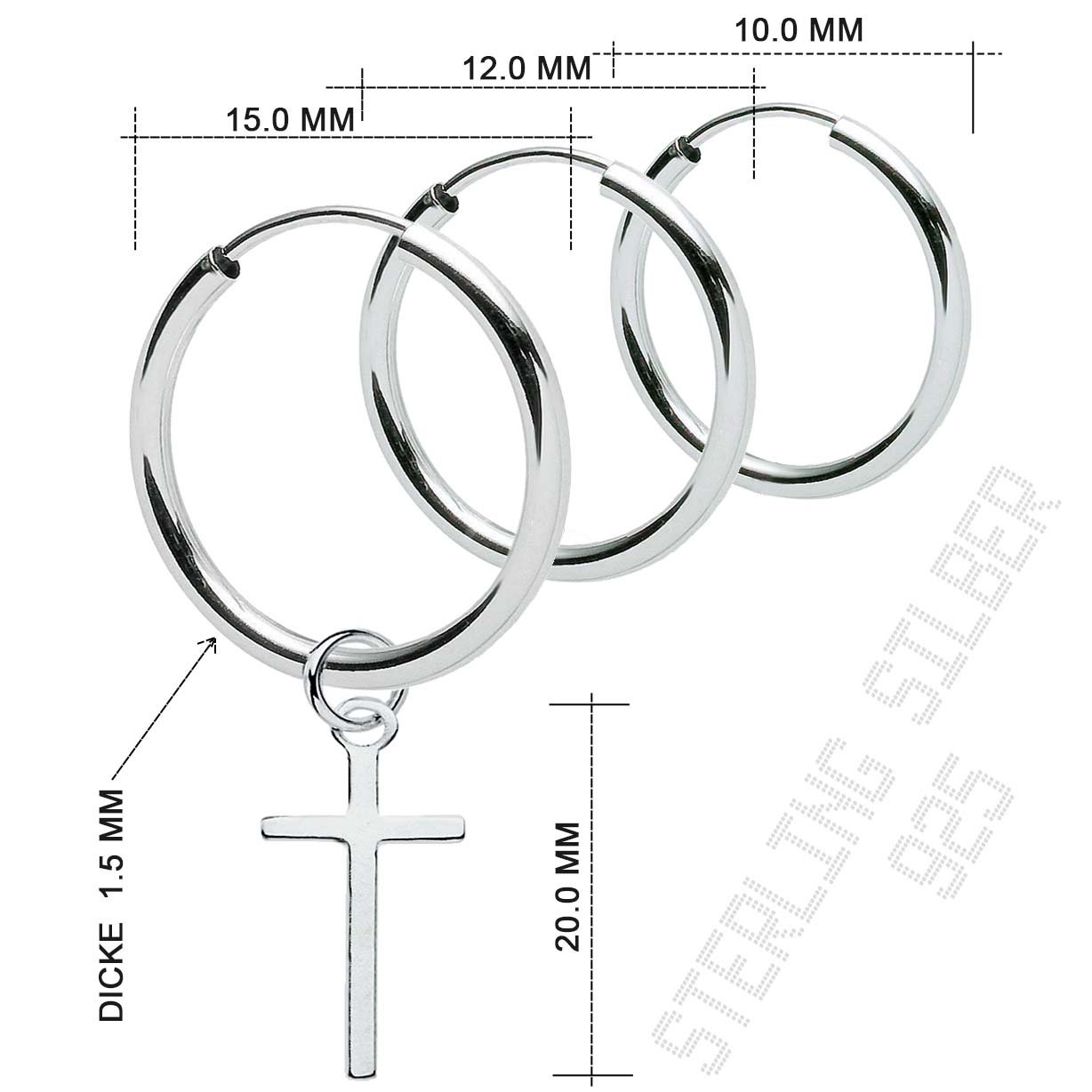 Vintage Creolen aus 925 Sterling Silber mit Kreuz-Anhänger, abnehmbar, unisex | WILLYS JEWELLERY