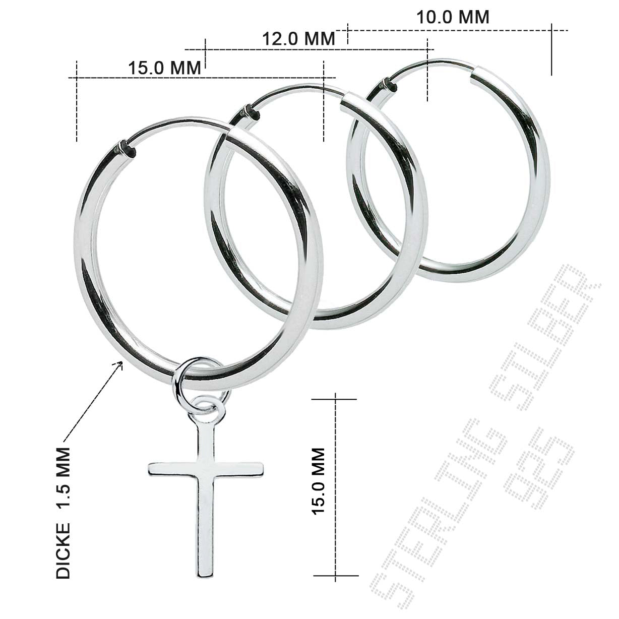 Vintage Creolen aus 925 Sterling Silber mit Kreuz-Anhänger, abnehmbar, unisex | WILLYS JEWELLERY