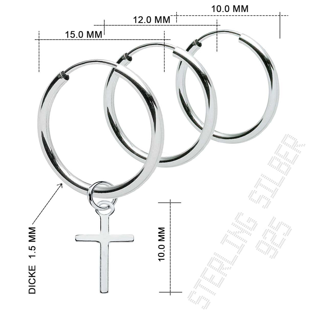 Vintage Creolen aus 925 Sterling Silber mit Kreuz-Anhänger, abnehmbar, unisex | WILLYS JEWELLERY