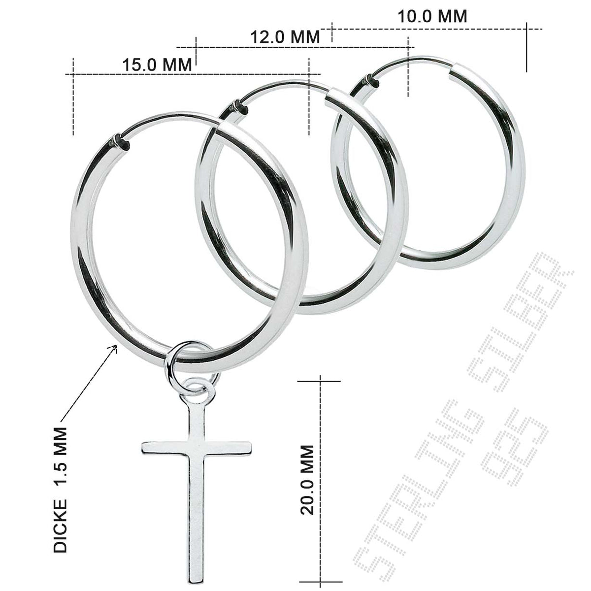 Einzelner Kreuz-Creolen-Ohrring aus 925 Sterling Silber, glanzpoliert, Vintage Unisex | WILLYS JEWELLERY