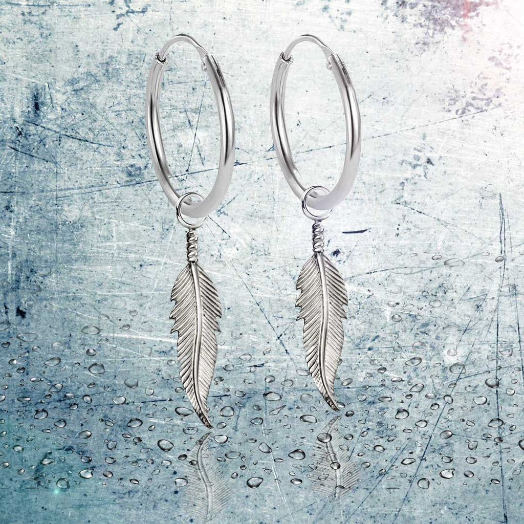 925 Sterling Silber Creolen mit Feder-Anhänger – Vintage Glücksbringer Ohrringe für Damen & Herren | WILLYS JEWELLERY
