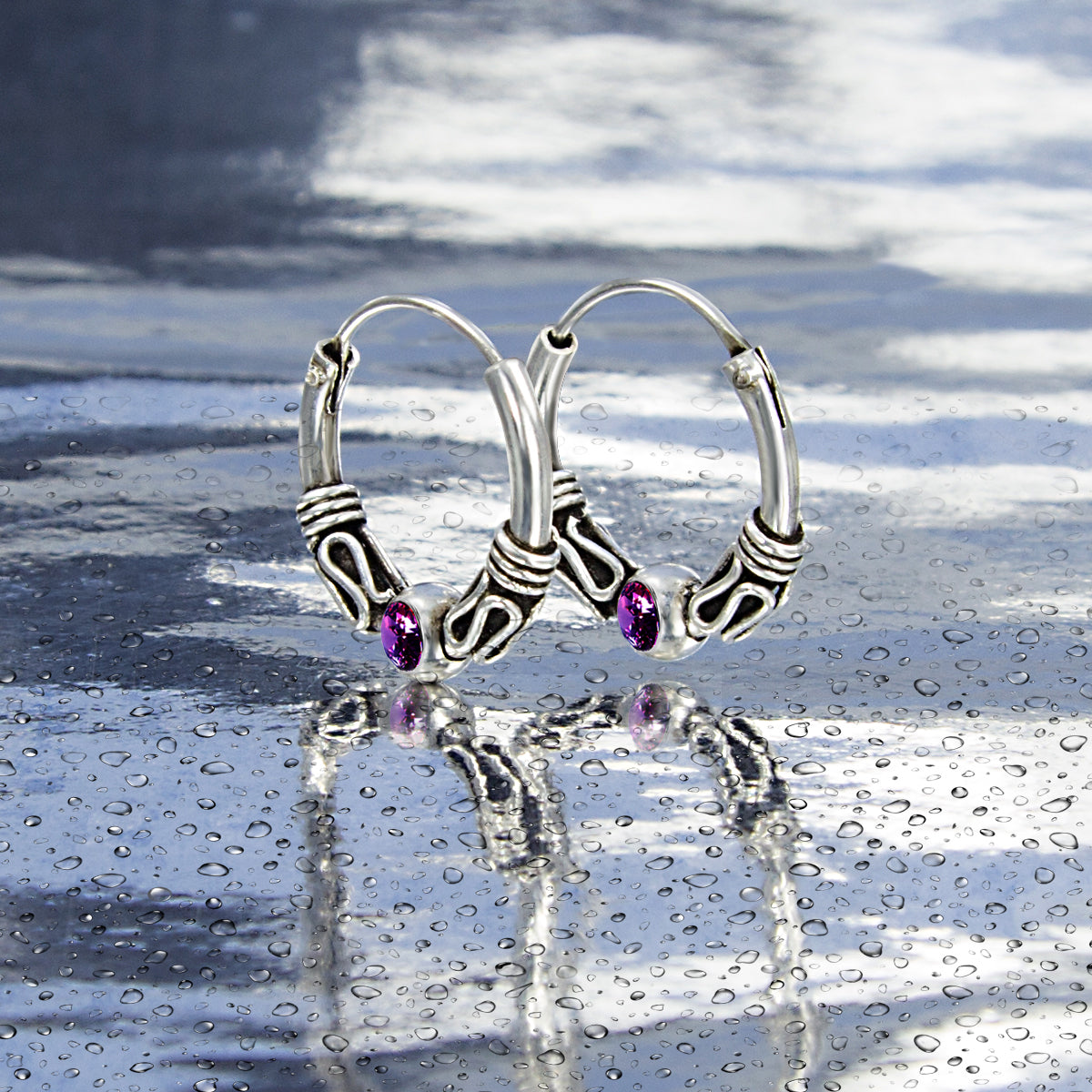 Gotische Creolen-Ohrringe 925 Silber mit lila Zirkonia – Vintage Mini Hoops für Damen