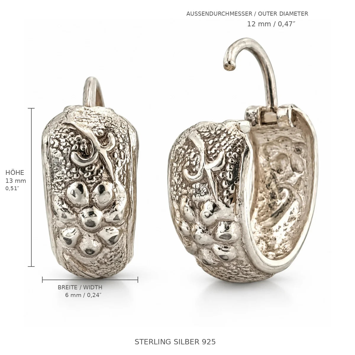 Breite Creolen Ohrringe 925 Sterling Silber, glänzend, wasserabweisend, Vintage-Look