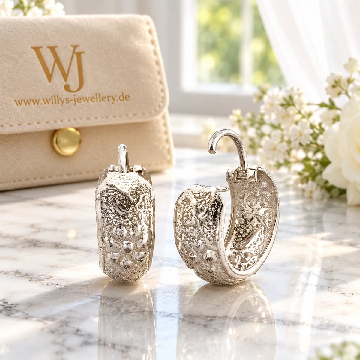 Breite Creolen Ohrringe 925 Sterling Silber, glänzend, wasserabweisend, Vintage-Look