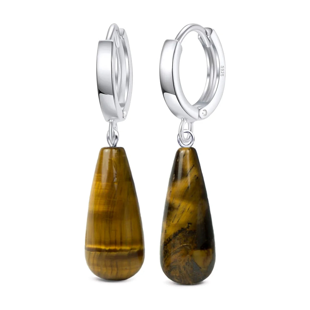 Creolen aus 925 Sterling Silber mit Tigerauge-Tropfen, 12 mm, Stein 22 mm, elegante Damenohrringe