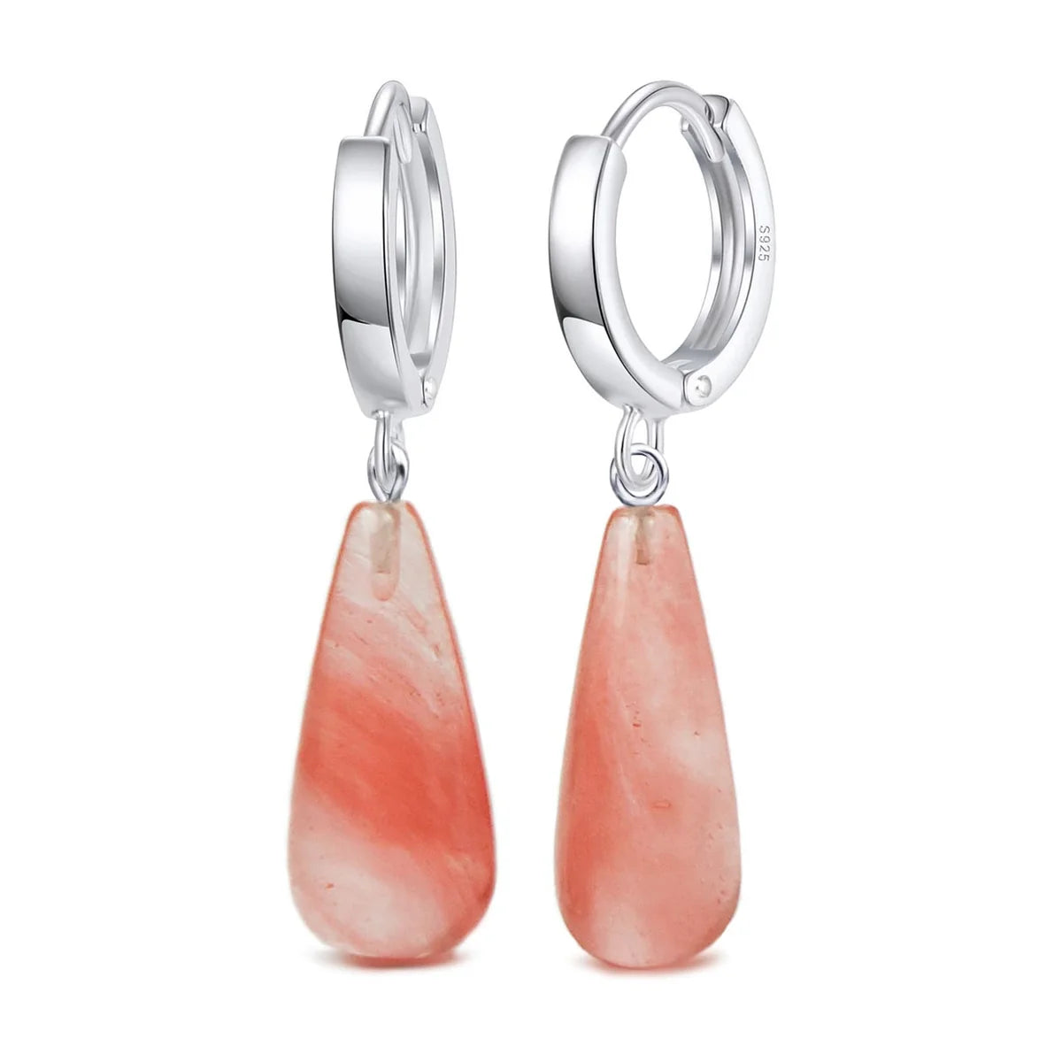 Creolen aus 925 Silber mit Rosenquarz-Tropfen, Stein 22 mm, Damenohrringe