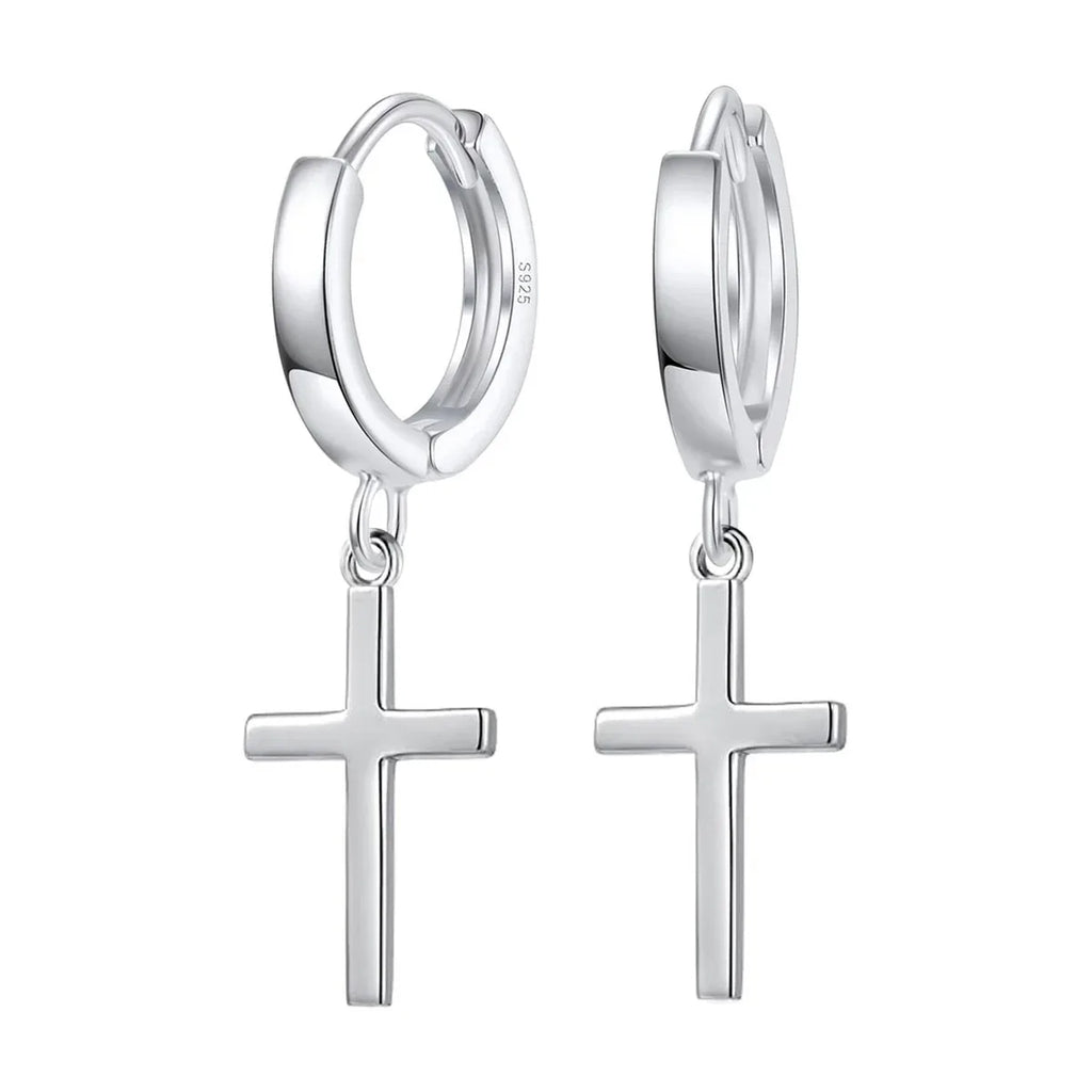 Kleine 925 Silber Creolen mit Kreuz-Anhänger – glänzende Vintage Ohrringe für Damen