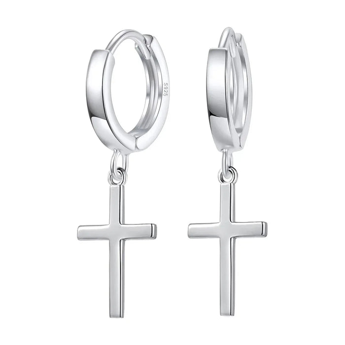 Kleine 925 Silber Creolen mit Kreuz-Anhänger – glänzende Vintage Ohrringe für Damen