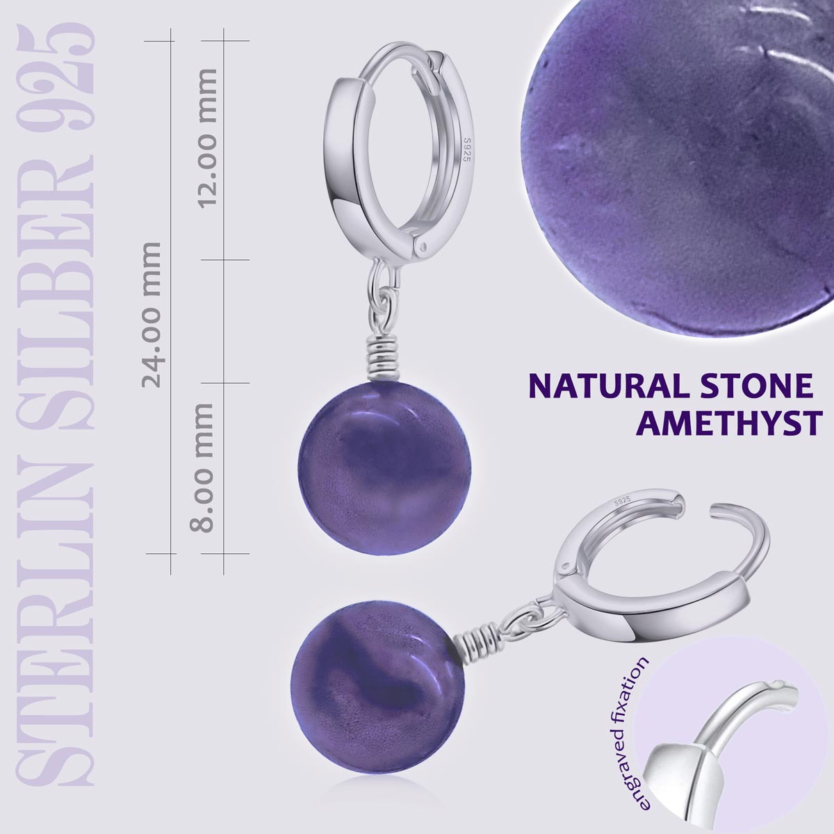Creolen Scharnier Ohrringe mit einem Durchmesser von 12 mm mit einem Amethyst Edelstein