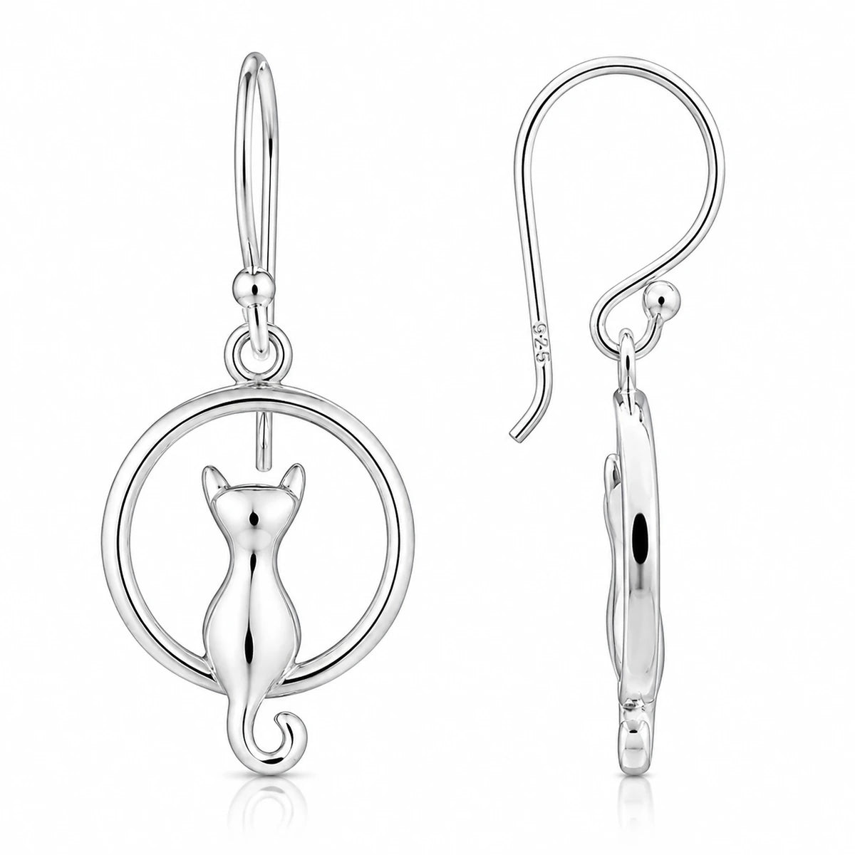 Katzen Ohrringe 925 Sterling Silber – Ohrhänger Hängeohrringe Damen, 17 × 10 mm, Katze im Ring, Geschenkidee
