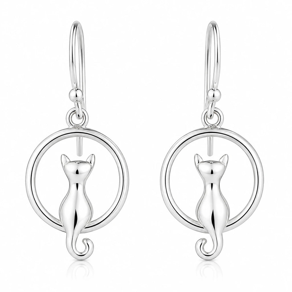 Katzen Ohrringe 925 Sterling Silber – Ohrhänger Hängeohrringe Damen, 17 × 10 mm, Katze im Ring, Geschenkidee