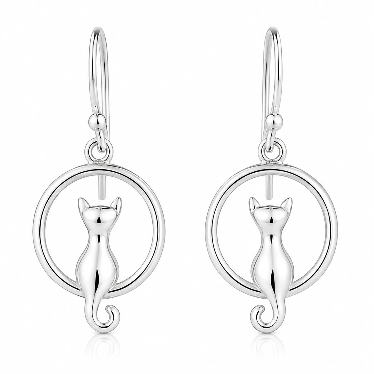 Katzen Ohrringe 925 Sterling Silber – Ohrhänger Hängeohrringe Damen, 17 × 10 mm, Katze im Ring, Geschenkidee