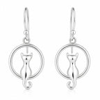Katzen Ohrringe 925 Sterling Silber – Ohrhänger Hängeohrringe Damen, 17 × 10 mm, Katze im Ring, Geschenkidee