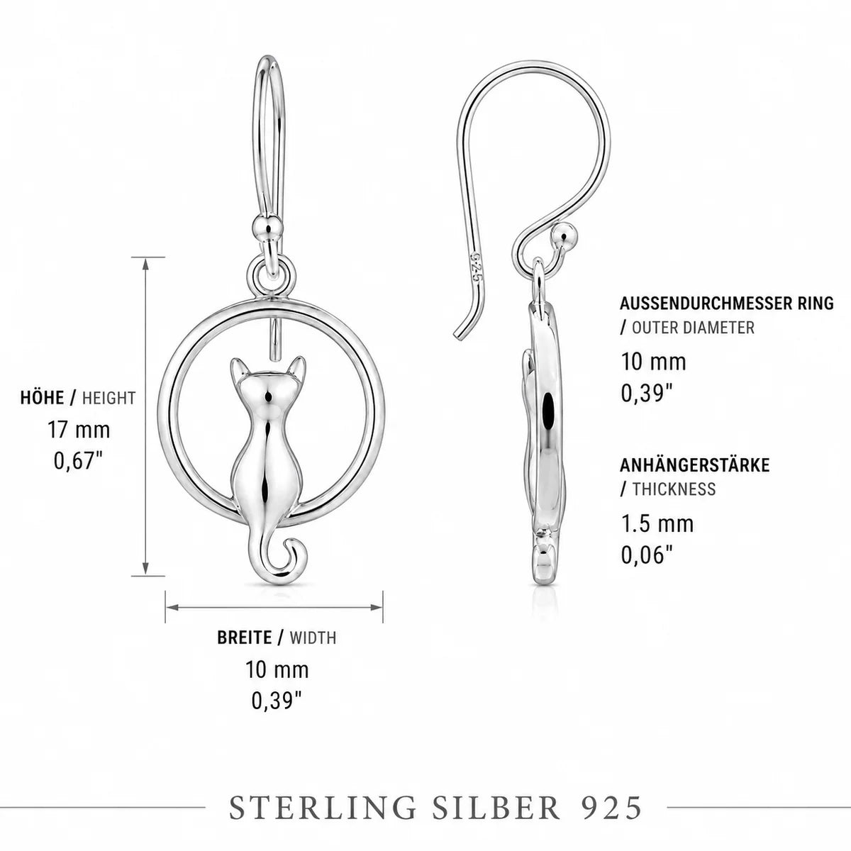 Katzen Ohrringe 925 Sterling Silber – Ohrhänger Hängeohrringe Damen, 17 × 10 mm, Katze im Ring, Geschenkidee