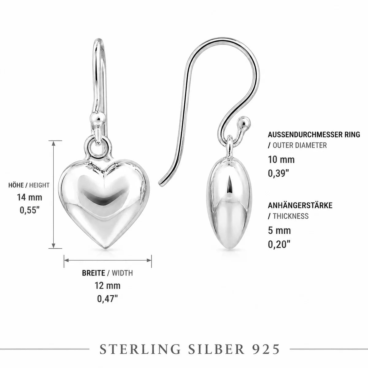 Herz Ohrringe aus 925 Sterling Silber glänzende Ohrhänger für Damen mit Herzanhänger