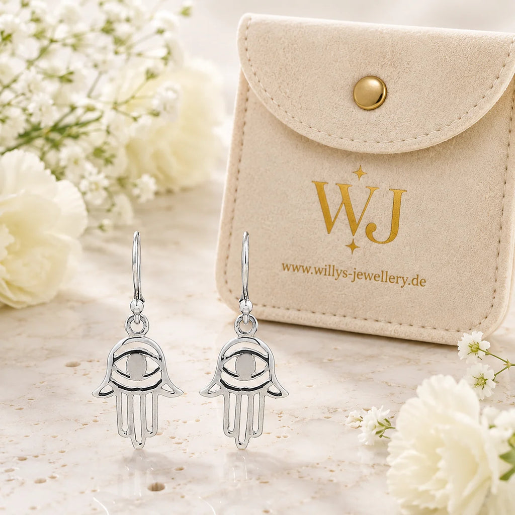 Hamsa Ohrringe aus 925 Sterling Silber Hand der Fatima Ohrhänger für Damen mit Augenmotiv