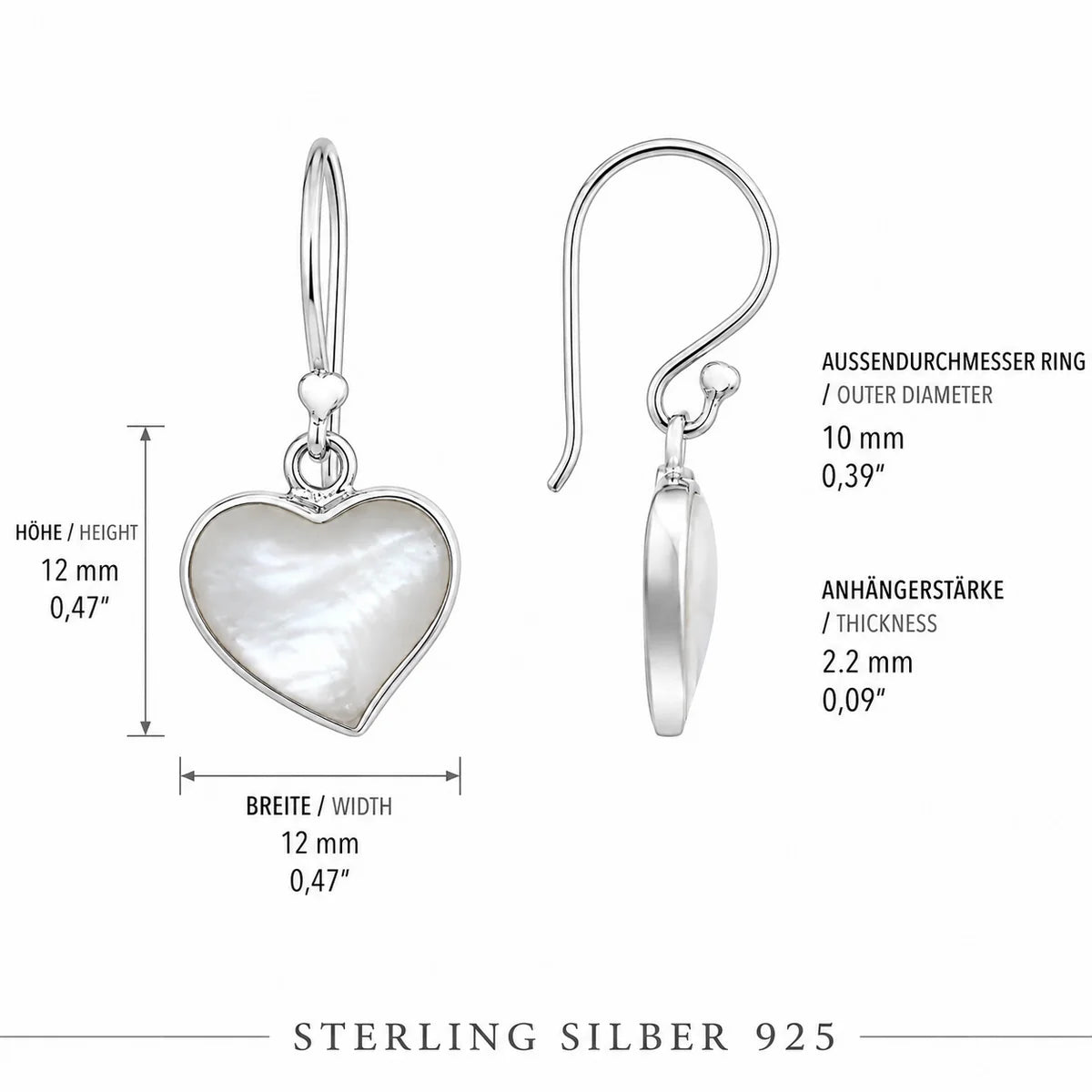 Herz Ohrringe aus 925 Sterling Silber mit Perlmutt Ohrhänger für Damen romantischer Schmuck
