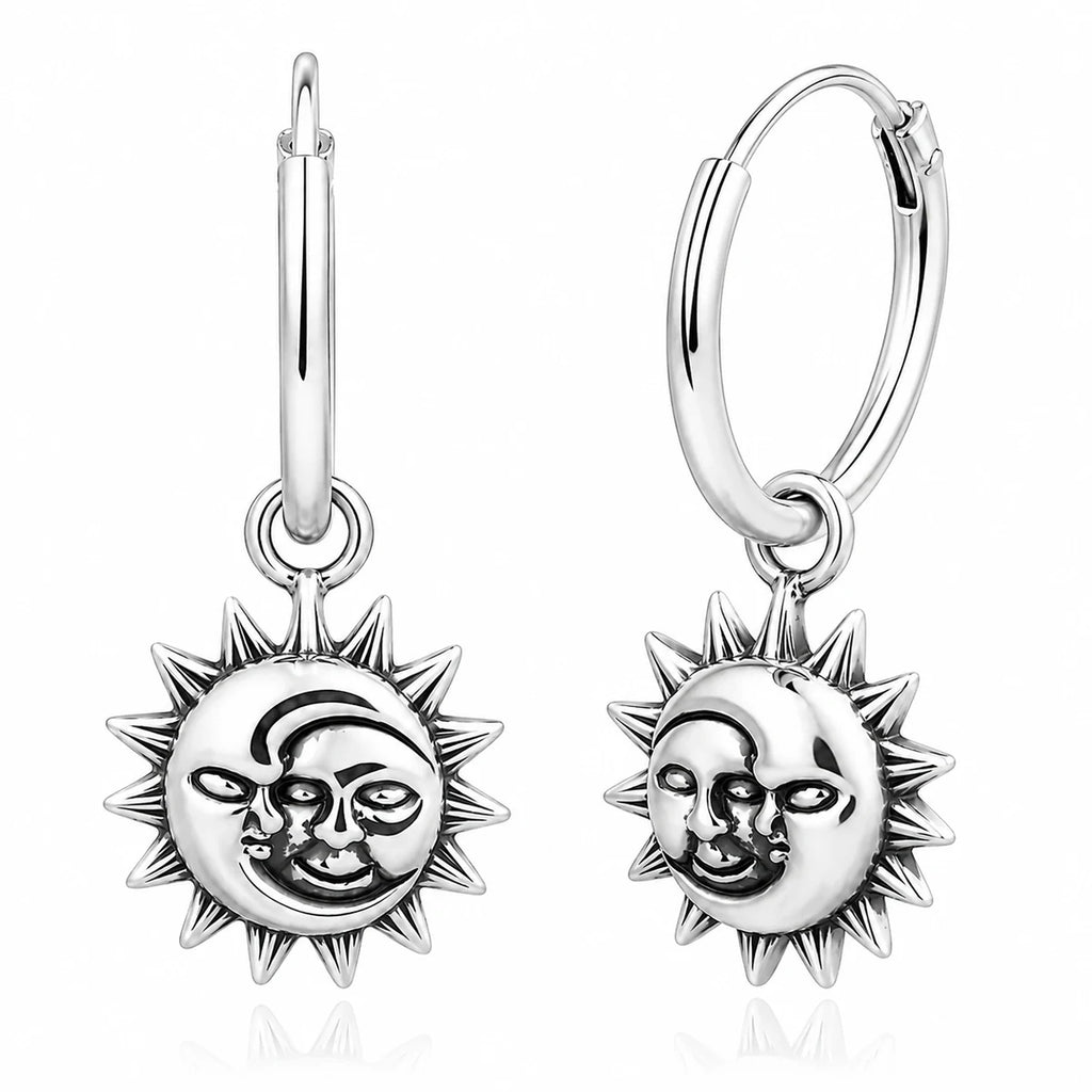 Sonne Mond Creolen Damen aus 925 Sterling Silber – Vintage Ohrhänger mit Sonnen- & Mondgesicht
