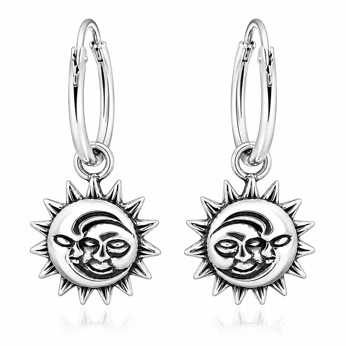 Sonne Mond Creolen Damen aus 925 Sterling Silber – Vintage Ohrhänger mit Sonnen- & Mondgesicht