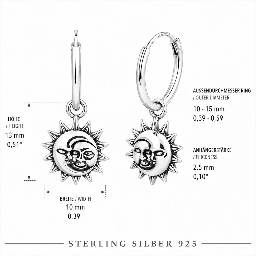 Sonne Mond Creolen Damen aus 925 Sterling Silber – Vintage Ohrhänger mit Sonnen- & Mondgesicht