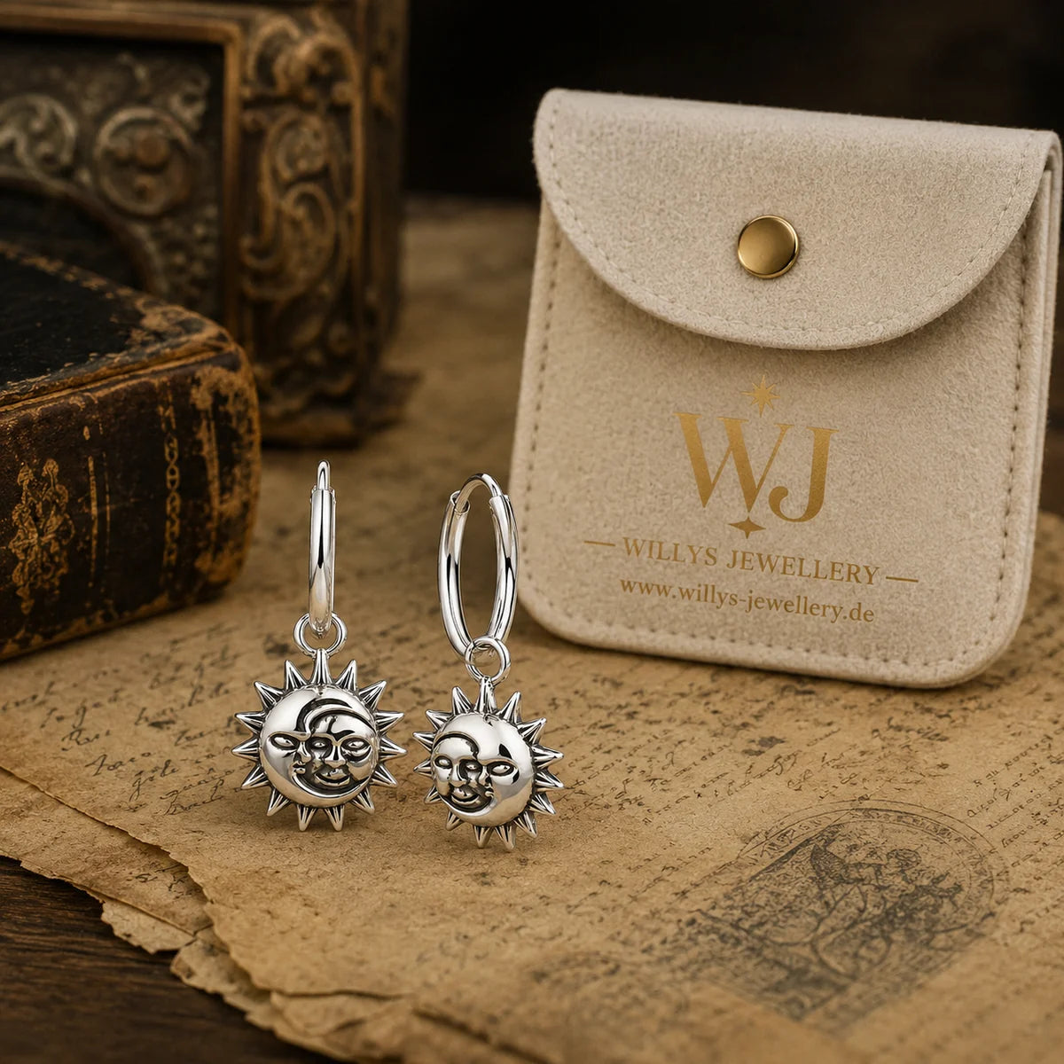 Sonne Mond Creolen Damen aus 925 Sterling Silber – Vintage Ohrhänger mit Sonnen- & Mondgesicht