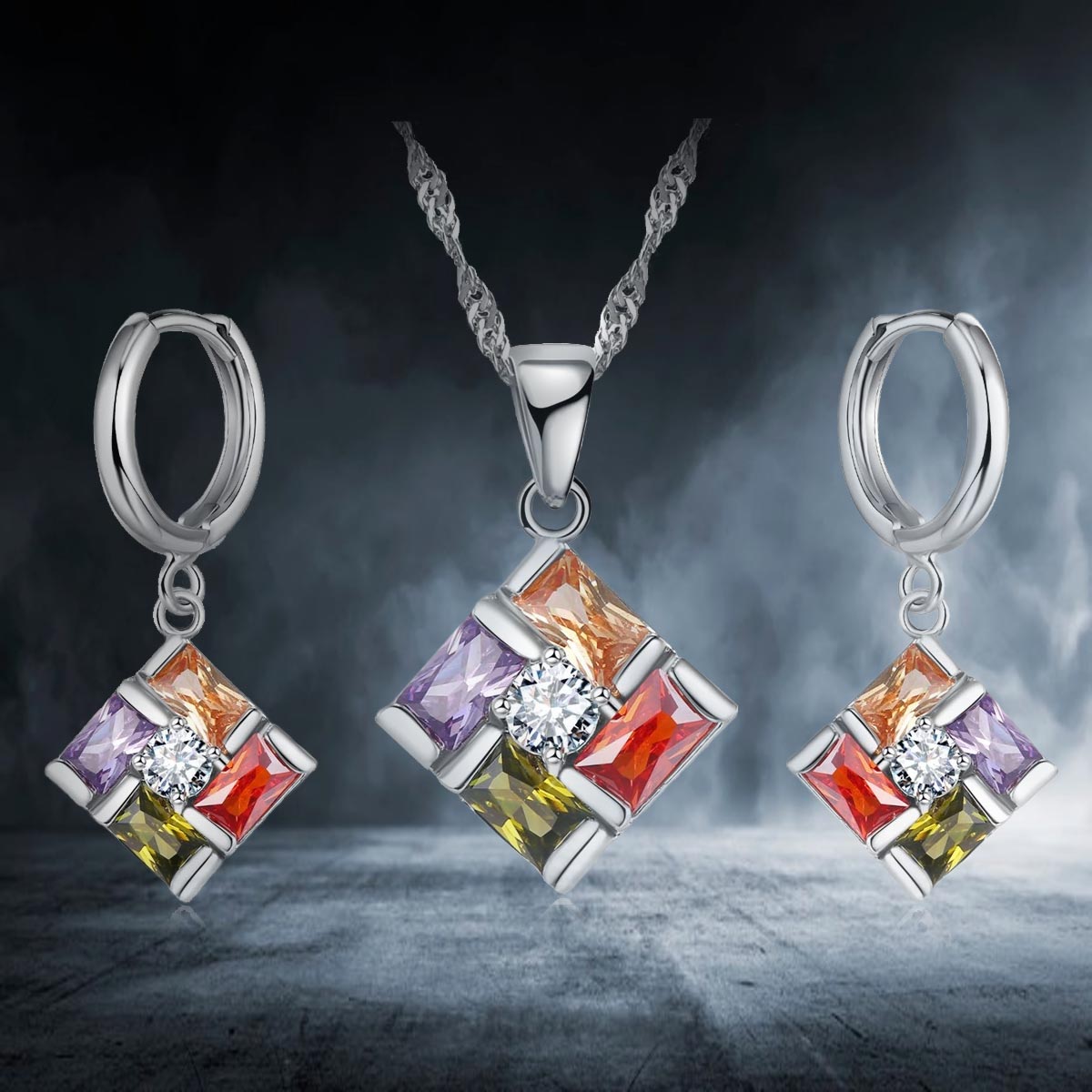 Schmuck-Geschenkset aus Sterlingsilber mit Kristallmosaik-Halskette und Ohrringen